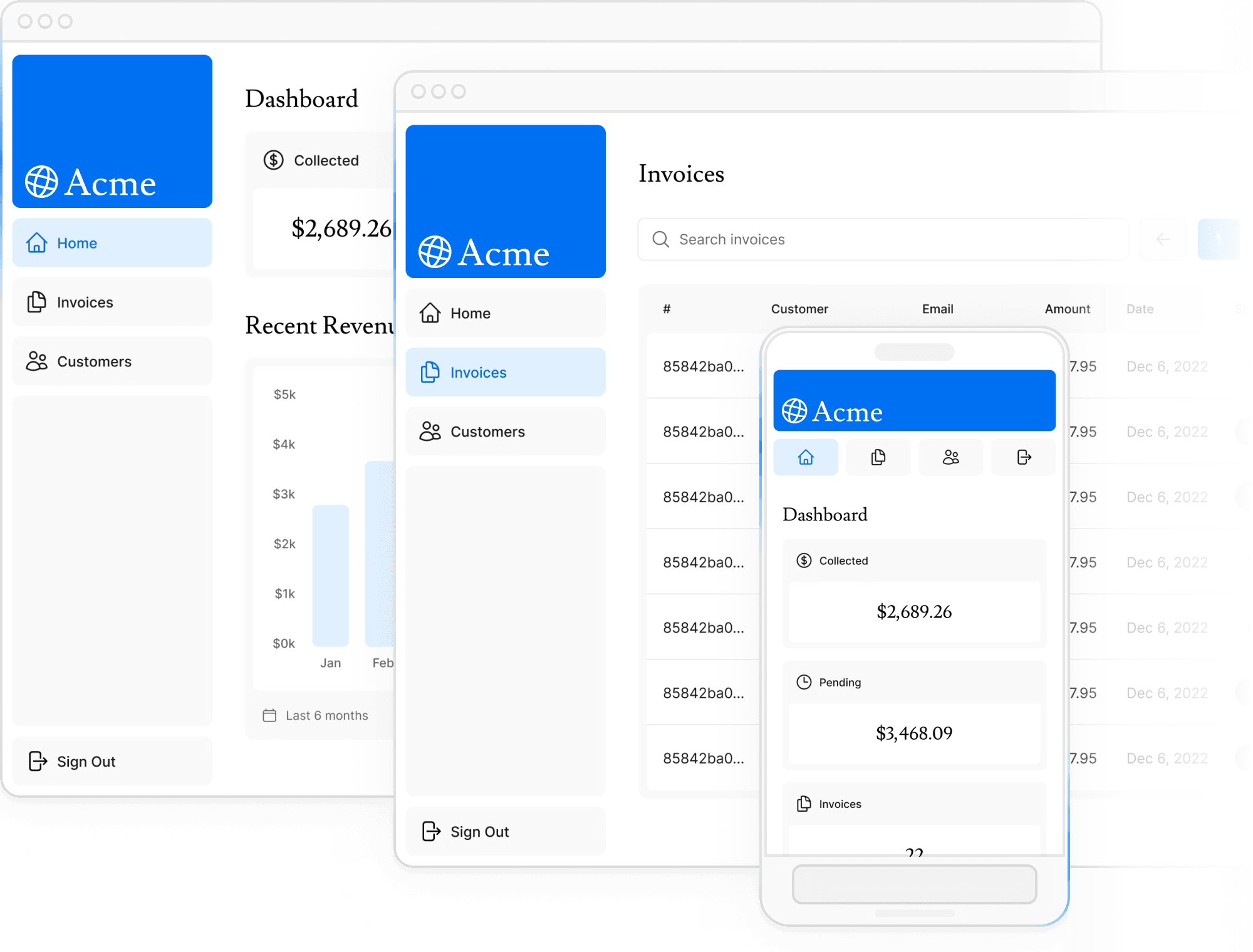 Screenshots of the dashboard project showing the desktop version.